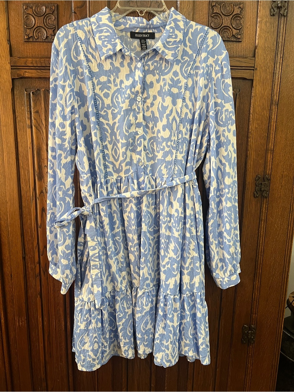 Ellen Tracy Blue White Print Belted Tiered Shirt Dress XL